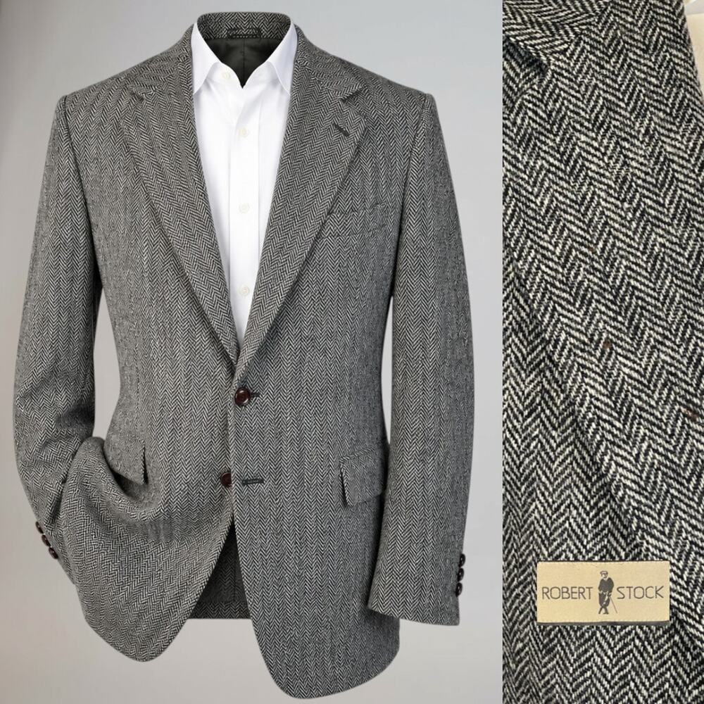 Vintage Tweed Herringbone Robert Stack 42L Gray Wool Sport Coat